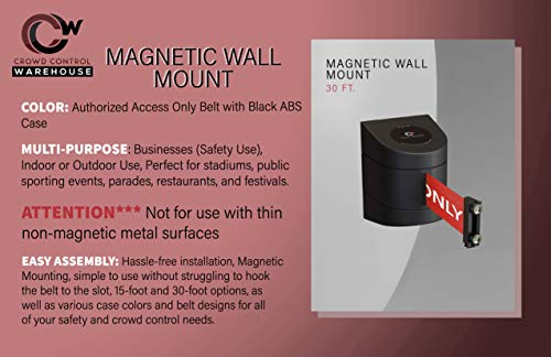 Crowd Control Warehouse WMB-230 Magnetic Retractable Belt Barrier, 30 Ft - color: Authorized Access Only Belt with Black ABS Case, size: 30 foot belt
