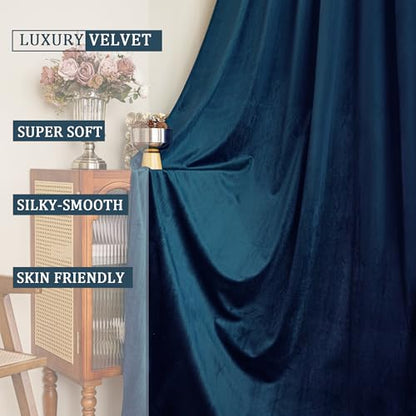 YOFUN 90 inches 2 Panels, Dark Blue Blackout Luxury Velvet Curtains Thermal Insulated Heat Block Soundproof Window Panels Soft Drapes for Bedroom Living Room, Rod Pocket & Back Tab, W52 x L90 - color: Dark Blue, size: 52"W x 90"L (Pack of 2)