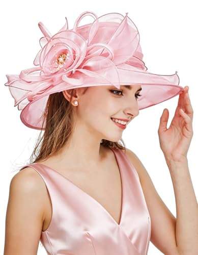 Women Derby Fascinator Hat Organza Church Wedding Hats Wide Brim Cocktail Tea Party Hat - color: 08 Light Pink