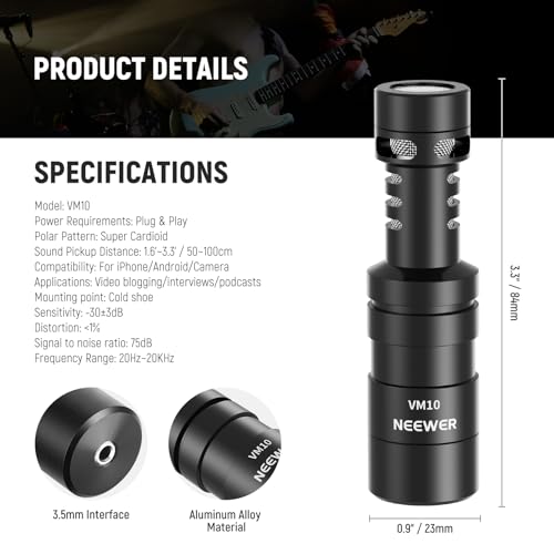 NEEWER VM10 Plug & Play Vlog Microphone for Camera, Mini Supercardioid Mic | 20-20KHz, Compatible with Sony Canon Nikon iPhone Samsung Android Tablet Mac, 3.5mm TRS, USB C OTG, Shock Mount, Windscreen - style: VM10