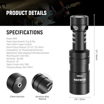 NEEWER VM10 Plug & Play Vlog Microphone for Camera, Mini Supercardioid Mic | 20-20KHz, Compatible with Sony Canon Nikon iPhone Samsung Android Tablet Mac, 3.5mm TRS, USB C OTG, Shock Mount, Windscreen - style: VM10