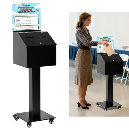 lesolar Suggestion Box with Stand, Floor Standing Offering Box with Wheels | Heavy Duty Metal Ballot Collection Box, Donation Box with Sign Holder, Ballot Box with Slot & Lock for Voting Charity Church