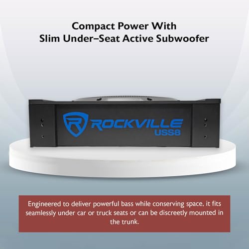 Rockville USS8 8" Slim Under-Seat Active Powered Car/Truck Subwoofer | 600W Peak / 150W RMS, Bass Knob, CEA-2006 Compliant, RCA and High Level Inputs, Auto Turn-On, Built-In Amp, 2.9" Profile