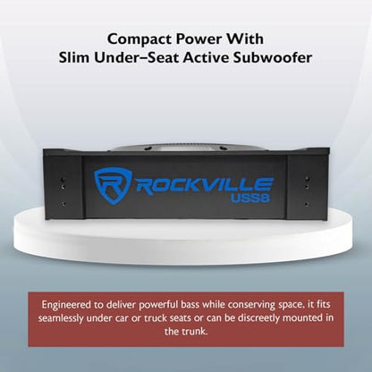 Rockville USS8 8" Slim Under-Seat Active Powered Car/Truck Subwoofer | 600W Peak / 150W RMS, Bass Knob, CEA-2006 Compliant, RCA and High Level Inputs, Auto Turn-On, Built-In Amp, 2.9" Profile