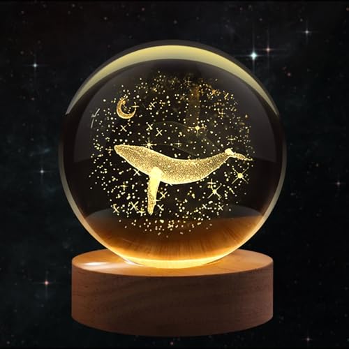 Flexzion 3D Whale Crystal Ball Night Light - LED Light Hologram Glass Lamp with Solid Wood Base, USB Powered Crystal Ball Lamp with Adjustable Brightness for Home Decor Display Gift, 2.4inch(60mm) | Whale Lamp with Solid Beech Wood Base and Adjustable Bri