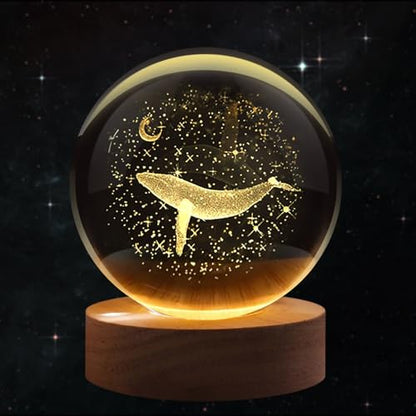 Flexzion 3D Whale Crystal Ball Night Light - LED Light Hologram Glass Lamp with Solid Wood Base, USB Powered Crystal Ball Lamp with Adjustable Brightness for Home Decor Display Gift, 2.4inch(60mm) | Whale Lamp with Solid Beech Wood Base and Adjustable Bri