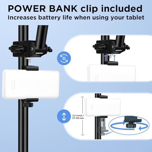 Tablet Holder for Microphone Stand with Power Bank Clip, iPad Music Stand | 360° Adjustable Spring-Loaded Clip Clip-on Phone Mount for Sheet Music Stand, Fits Devices Screen Size from 4.7 to 13.5” - size: XL