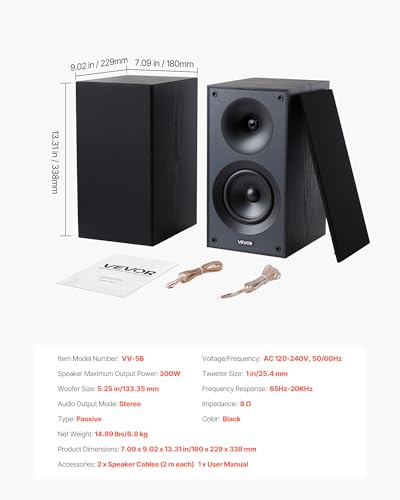 VEVOR Passive Bookshelf Speaker, 300W, Book Shelf Stereo Speakers with 5.25-Inch Woofer and 1-Inch Tweeter, Detachable Grille, 65Hz-20KHz Frequency Response, Wooden Enclosure,for Home Theater (1 Pair) - size: 5.25 Inch, style: Passive Bookshelf Speakers