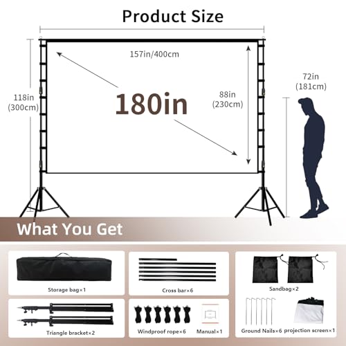 Wootfairy 180inch Outdoor Projector Screen with Stand Portable Wrinkle-Free | 16:9 4K HD Front Rear Foldable Large Projection Movie Screen with Carry Bag for Backyard Family Theater Live Sports Night