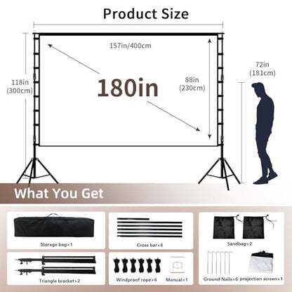 Wootfairy 180inch Outdoor Projector Screen with Stand Portable Wrinkle-Free | 16:9 4K HD Front Rear Foldable Large Projection Movie Screen with Carry Bag for Backyard Family Theater Live Sports Night