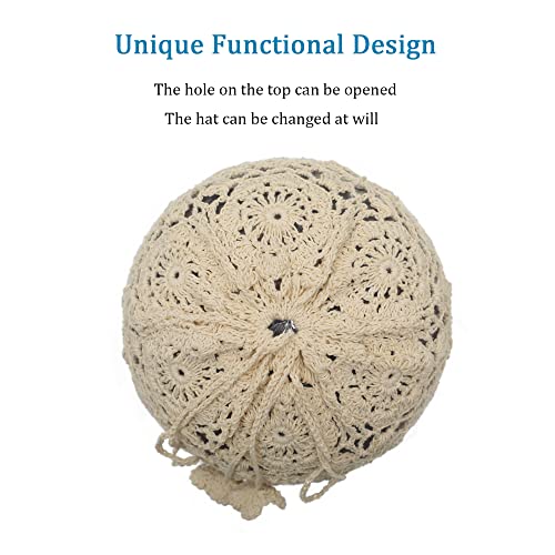 ZLYC Women Cotton Crochet Slouchy Beanie Hat Handmade Knit Summer Skull Cap | Lightweight breathable,boho casual chic look,travel photos festival party,café commute daily wear,beach concert gathering - color: Beige Ponytail