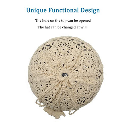 ZLYC Women Cotton Crochet Slouchy Beanie Hat Handmade Knit Summer Skull Cap | Lightweight breathable,boho casual chic look,travel photos festival party,café commute daily wear,beach concert gathering - color: Beige Ponytail