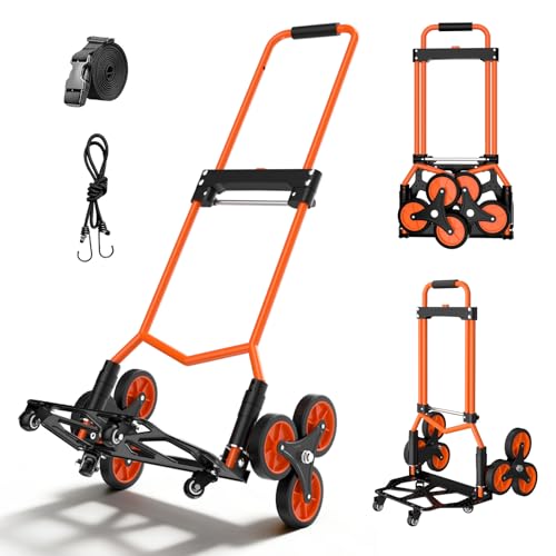 Folding Stair Climbing Dolly, 220Lbs Capacity, Portable Dolly Cart with 10 Wheels and Telescoping Handle, Lightweight Hand Truck Cart for Flat Ground & Stairs, School, Dormitory, Home, Office, Food - color: Orange-2