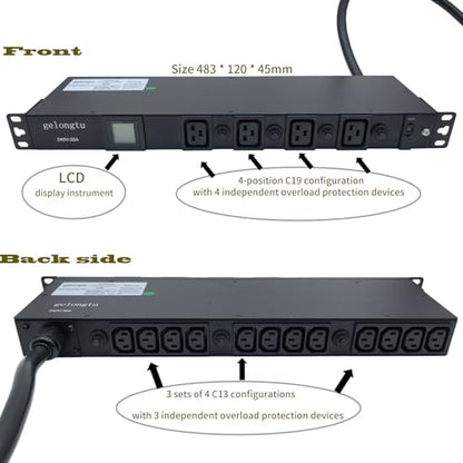30A Rack Mount PDU, L6-30P Input Power Distribution Unit with 12 C13 & 4 C19 Outlets, 7200W 1U 19 Inch Horizontal Rack Mount Power Strip with Overload Protection and LCD Display - color: LED Metered