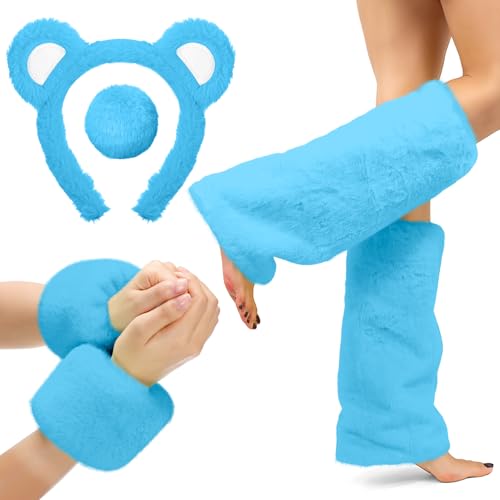 4 Pcs Bear Ears Headband Wrist Leg Wraps for Mardi Gras | Plush Furry Accessories for Costume Party Masquerade, 70s Themed Cosplay, Soft Wrist Cuffs Boot Covers, Easy on Off - color: Blue