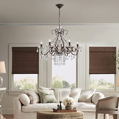 Saint Mossi 6 Light Crystal Chandelier Light Fixture Modern Chandelier Crystal Lighting, Crystal Pendant Raindrop Chandelier for Dining Room,Bedroom,Living Room,H23 x D24, 6-Light - color: Dark Brown