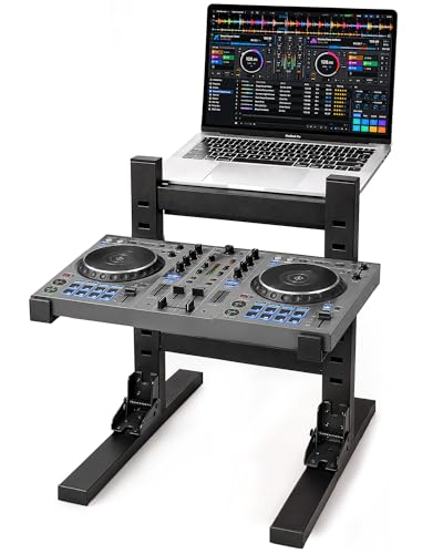 HULISEN DJ Laptop Stand, Dual Tier Foldable Stand for Laptop & Controller | Quick Setup Design, Adjustable Height, Anti-Slip Platform, Portable DJ Equipment Stand for Weddings, Events, Performances