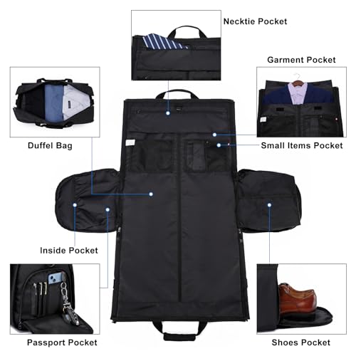 Garment Bags for Travel Large Suit Bag for Men Carry On Garment Bag Convertible Garment Duffle Bag with Shoes Compartment,2 in 1 Hanging Dress Suitcase Suit Travel Bags,Black - color: Black