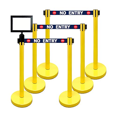 Retractable Stanchion, 6 SPECIALTY Posts + Signframe, 36" Ht, 78" Special Event & Holiday Theme Belt + Bonus Replacement Cassettes + Wall Receiver (YEL Post/No Entry Belt) - color: Yel Post/No Entry Belt