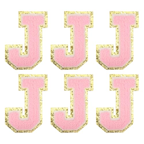 MECCANIXITY Chenille Letter Patches 3.1" Alphabet J Iron on Embroidered Patch Sew on Letter Stickers Applique for Repairing Clothing Jeans Shoes Hats DIY(Pink, Pack of 6) - style: Letter-J