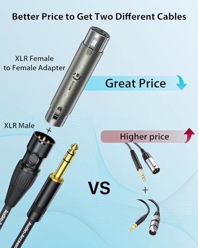 AA AUDIO ACCESSORY XLR Male to 1/4 Cable with XLR Female to Female Adapter Bundle, Rean Connectors from Neutrik, Kevlar-Reinforced Nylon Braided TRS Cable, Balanced Quarter Inch Cord, 6ft, OFC - size: 6ft, style: XLR Male to 1/4 & XLR Adapter