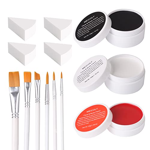 MEICOLY Clown Makeup Kit,White Black Red Face Body Paint for Halloween Devil Joker Zombie Vampire Skeleton SFX Makeup,Pro Oil Based Body Paint with 6 Painting Brushes,4 Sponges,130g/4.59 oz - color: Black White Red Face Paint