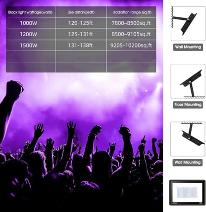 YANYCN 1500W 2 Pack LED Black Light,385nm to 405nm Big UV Flood Blacklight, IP66 Waterproof Black Light Outdoor with Plug and Switch,Neon Glow for Fluorescent Poster, Body Paint,Halloween,Glow Party - size: 2pack 1500W led black light