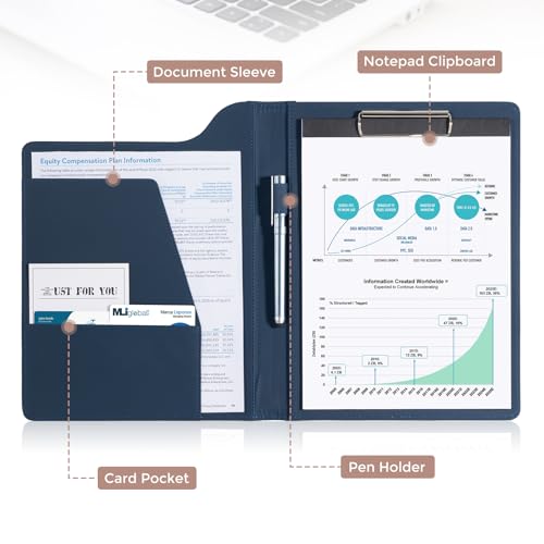ProCase A4 Leather Padfolio Clipboard Folder -Dark Blue | Made of PU leather, with hinged lid, document compartments and integrated pen holder - color: Darkblue
