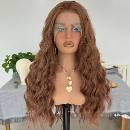RONGDUOYI 30 Brown Synthetic Lace Front Wigs for Women 13x4 Long Deep Wave Wig Middle Part Natural Hairline Daily Wear Cosplay 24Inch - color: 30 Brown NC2