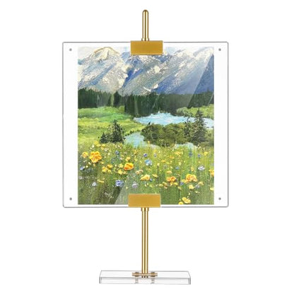 Acrylic Easel Display Stand Adjustable Metal Tabletop Easel Stand with Acrylic Floating Photo Frame 16.5" for Display Picture,Art,Poster,Table Easel for Wedding Home (Gold)