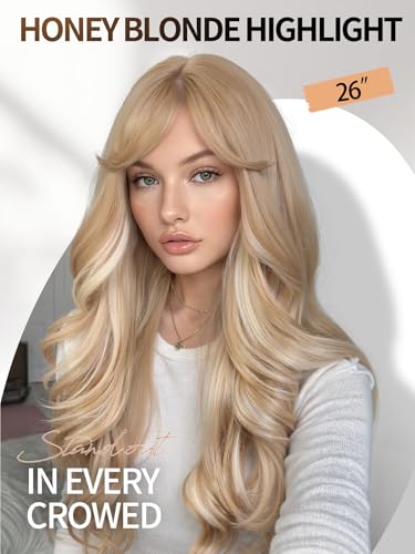 WIGER Long Wavy Hair With Bangs Flaxen Mix Blonde Curly Wigs | 26 Inch Synthetic Layered Wavy Hair for Women Daily or Halloween Cosplay Party Wigs - color: Blonde Highlight