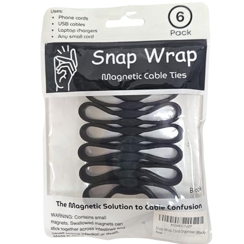 Snap Wrap | Pro Silicone Magnetic Cable Organizer 6-Pack | Easy One-Hand Operation Cable Management Bands for Home, Office, and Travel | Tidy Cable and Wire Storage - color: Black