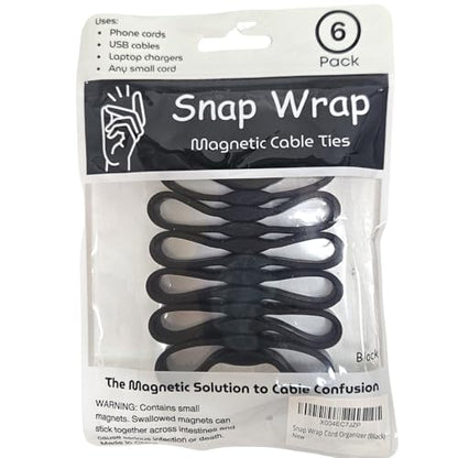 Snap Wrap | Pro Silicone Magnetic Cable Organizer 6-Pack | Easy One-Hand Operation Cable Management Bands for Home, Office, and Travel | Tidy Cable and Wire Storage - color: Black