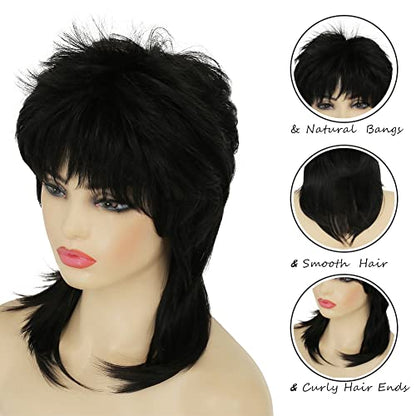 Mullet Wig for Women Black Shoulder Length Shaggy Layered Wig Curly 80s Wigs Heat Resistant Cosplay Daily Hair Wigs (Black) - color: Black