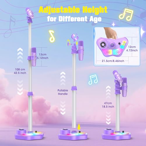 Stand Karaoke Machine for Kids, Singing Toys Gifts for 3 4 5 6 7 8 Year Old Girls Boys, Rechargeable Kid Microphone Bluetooth Speaker with 2 Wireless Mic for Girl Age 4-6 Toddler Birthday Party Toy - color: Purple