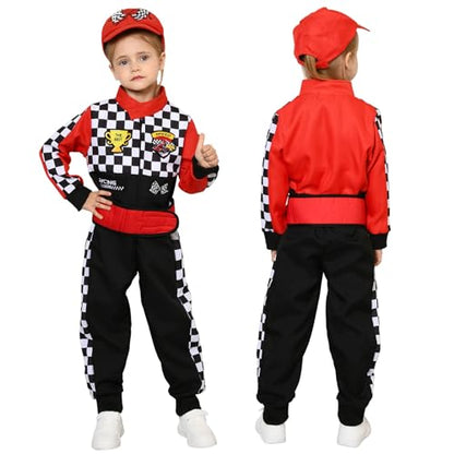 Latocos Kids Race Car Driver Costume Boys Girls Racer Jumpsuit With Car Cap Sunglasses Kids Dress Up Role Play for Halloween - color: Red, size: S(5-7)