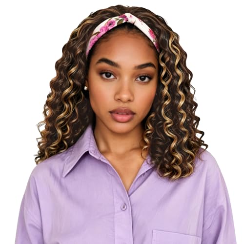 BECUS 14" Curly Headband Wig for Black Women Glueless Half Wig Style - color: D-Curly Auburn Brown Highlight Blonde, size: 14 Inch