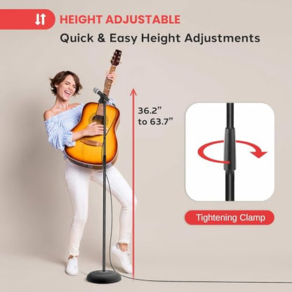 Pyle Adjustable Height Microphone Stand, 36.2" - 63.7” Inches Universal Mic Holder, Compact Design, Sturdy and Lightweight, Ideal for Studio and Concerts, With Mic Clip, Rubber Base (Black)
