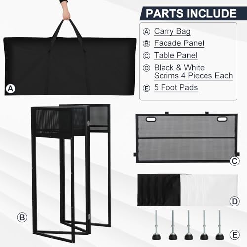 Kokorona Portable DJ Booth 43"L x 20"W x 45"H, DJ Facade Booth with Black & White Scrims, Folding DJ Booth for Party, DJ Facade Table Booth with Cable Hole, Black Metal Frame + Carry Bag - size: 43"L x 20"W