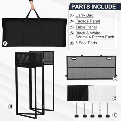 Kokorona Portable DJ Booth 43"L x 20"W x 45"H, DJ Facade Booth with Black & White Scrims, Folding DJ Booth for Party, DJ Facade Table Booth with Cable Hole, Black Metal Frame + Carry Bag - size: 43"L x 20"W