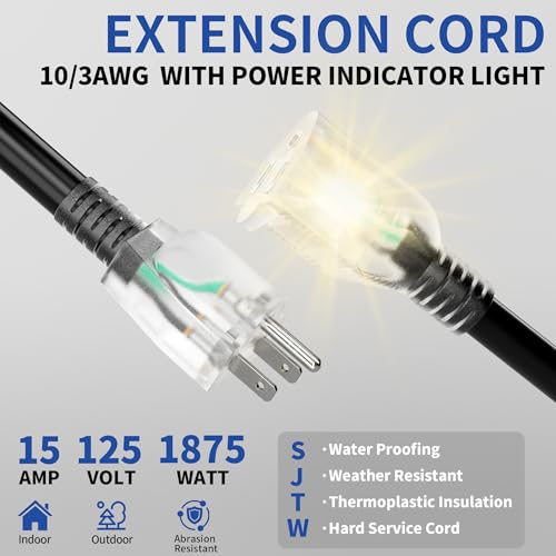 25ft Outdoor/Indoor Extension Cord with Lighted 10/3 Gauge, Black - size: 25FT