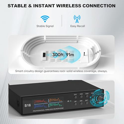Wireless Microphone System, Pro 4 Channel UHF Mics Set with Metal Cordless Handheld Mics & Receiver, 200 Adjustable Frequency, 300ft Range for Singing, Church, Karaoke, Party - size: 4 Mics