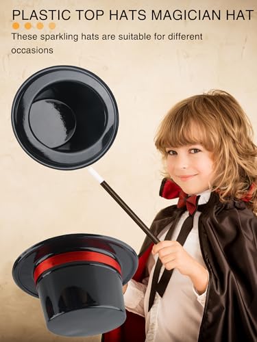 12 Pack Adults Top Hats Bulk Black Glitter Top Hat with Red Band Plastic Magician Hat for Men Women Dress Up Supply - color: Color Style 3 ( Pvc Glossy )