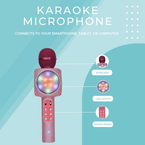 Sing-Along Bling Bluetooth Karaoke Microphone with LED for Karaoke Speaker | Rechargeable Bedazzled Microphone, Wireless Karaoke Microphone with LED Lights, SD Card Slot, Skip Tracks - Confetti Bling - color: Pink Bling