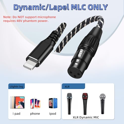 XLR to i Phone Microphone Cable,6.6FT XLR Female to Light ning Microphone Cable for Dynamic Microphones or Recording Karaoke Sing,Compatible with i-Phone 14/13/12 pro max,i-Pad 9/8/7