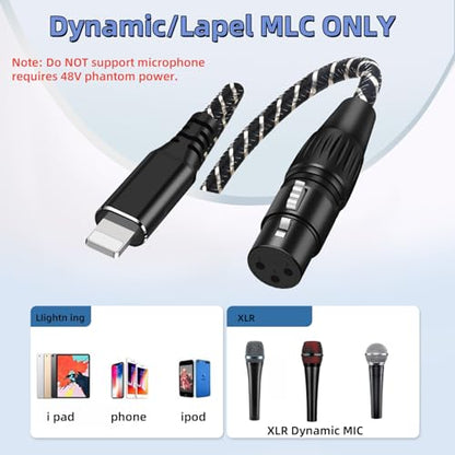 XLR to i Phone Microphone Cable,6.6FT XLR Female to Light ning Microphone Cable for Dynamic Microphones or Recording Karaoke Sing,Compatible with i-Phone 14/13/12 pro max,i-Pad 9/8/7