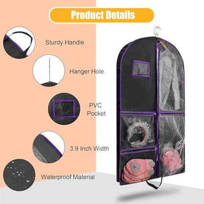 Garment Bags for Travel,Fabric Garment Bag with Pockets,Non-Woven Clothes Dance Costumes Covers And Mens Suit Pocket,40x24x3 Inch Dress Carry Storage,Large Garments Coat Protector (Black,Purple) - color: Black/Purple