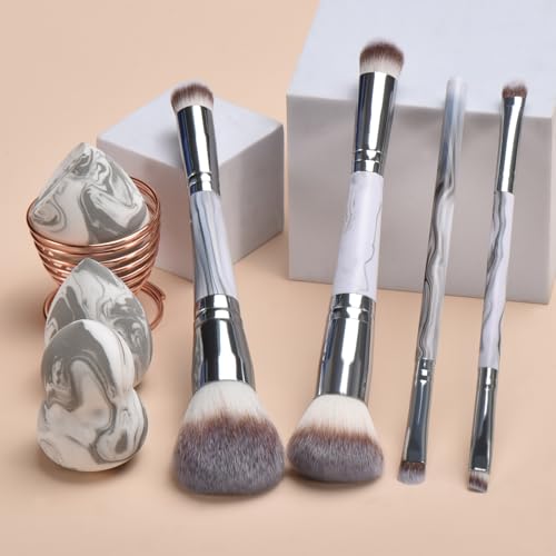Grey Makeup Brushes set, 4 Dual-Ended Brushes, 3 Makeup Sponges & 1 Metal Stand, Professional Complete Cosmetic Brush Set, for Foundation Powder Blush Eyeshadow - style: Grey 8-piece set