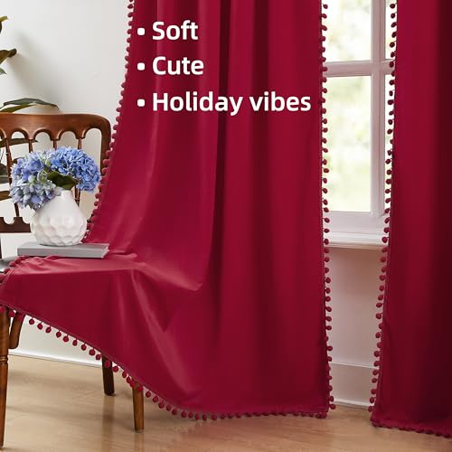 Red Pom Pom Velvet Curtains for Holiday Season 42"x84" Room Darkening Drape - color: Pom Pom- Red 2, size: 42"W x 84"L (Pack of 2)