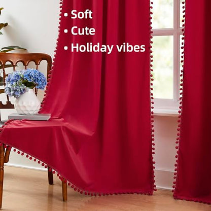 Red Pom Pom Velvet Curtains for Holiday Season 42"x84" Room Darkening Drape - color: Pom Pom- Red 2, size: 42"W x 84"L (Pack of 2)
